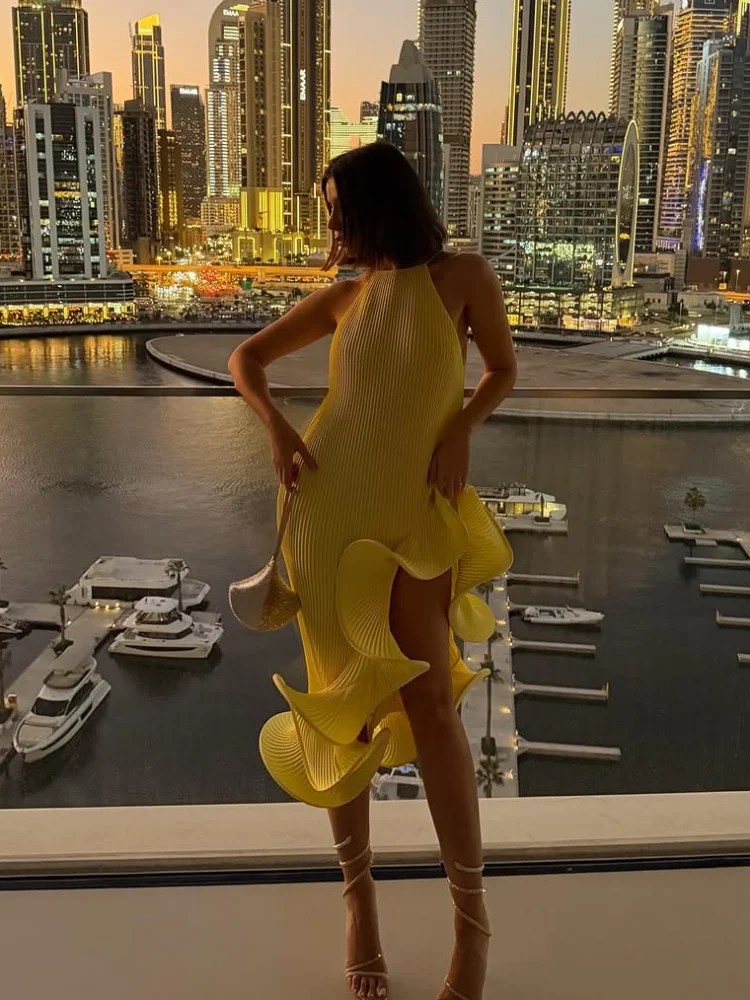 Robe longue élégante jaune pou - Maxi Dress Halter avis et prix
