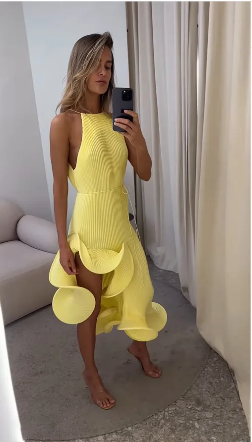 Robe longue élégante jaune pou - Maxi Dress Halter avis et prix